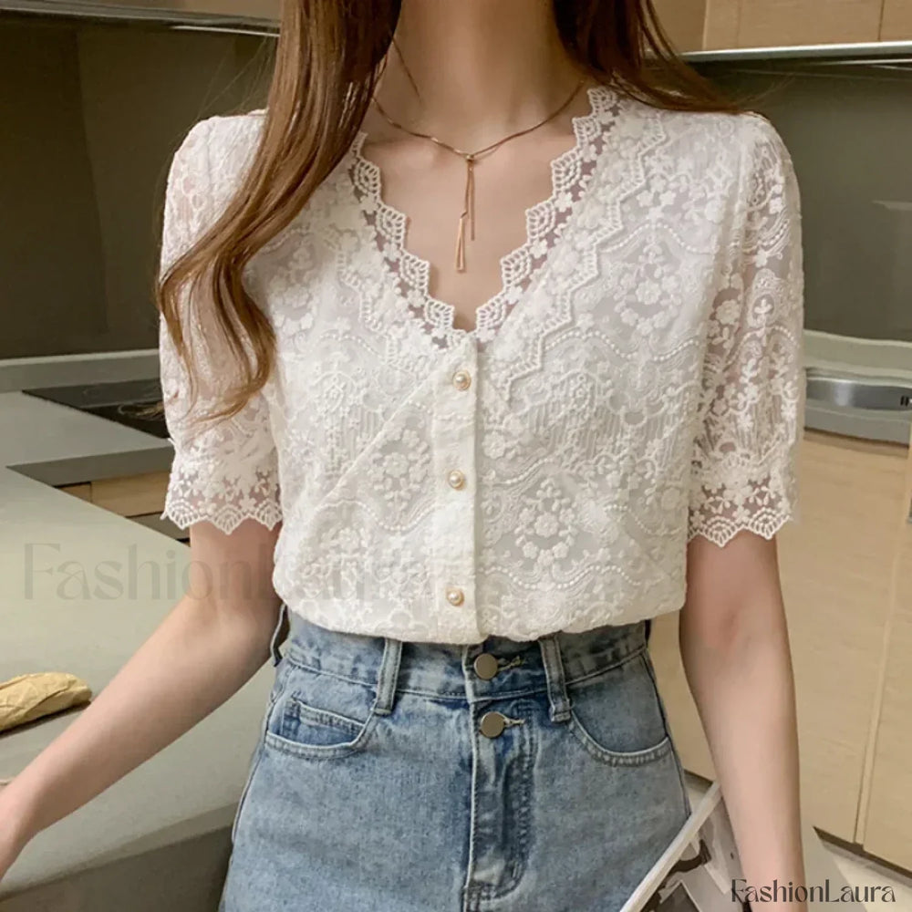 Summer Korean Lace Short sleeved Top Blouse WHITE / S