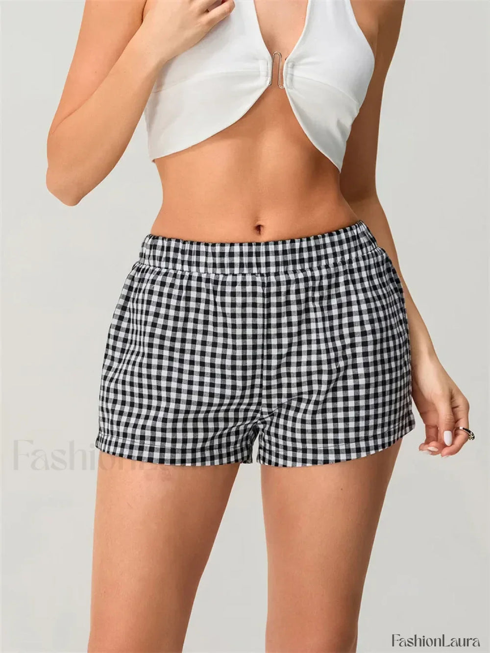 Summer Plaid Print Elastic Waist Loose Fit Casual Streetwear Short