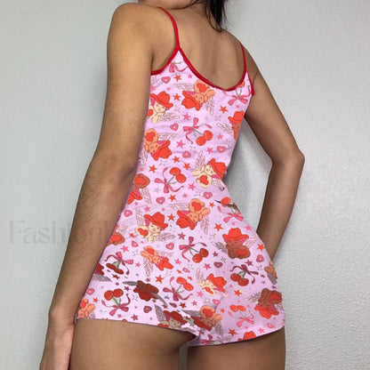 Summer Shorts Strawberry Cherry Bow Camisole Two Piece Set