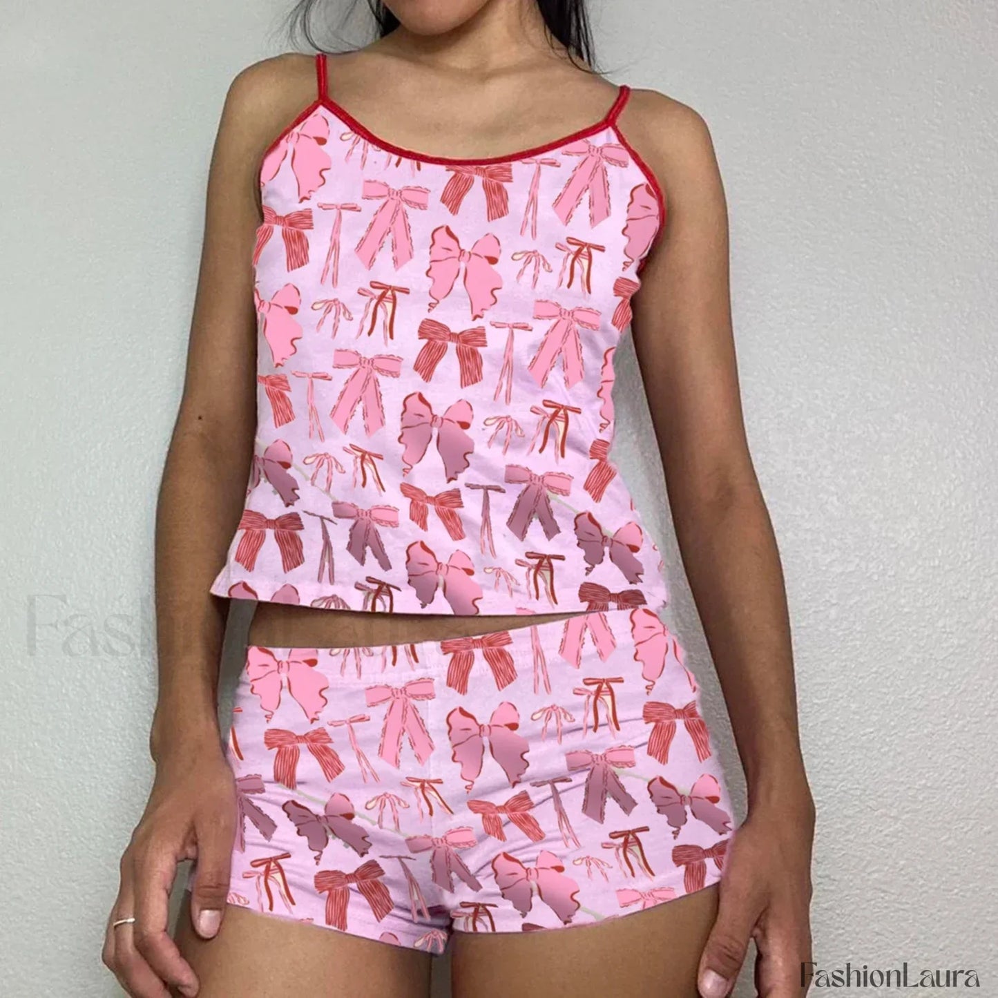 Summer Shorts Strawberry Cherry Bow Camisole Two Piece Set pink1 / S
