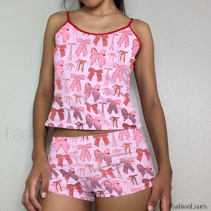 Summer Shorts Strawberry Cherry Bow Camisole Two Piece Set pink1 / S