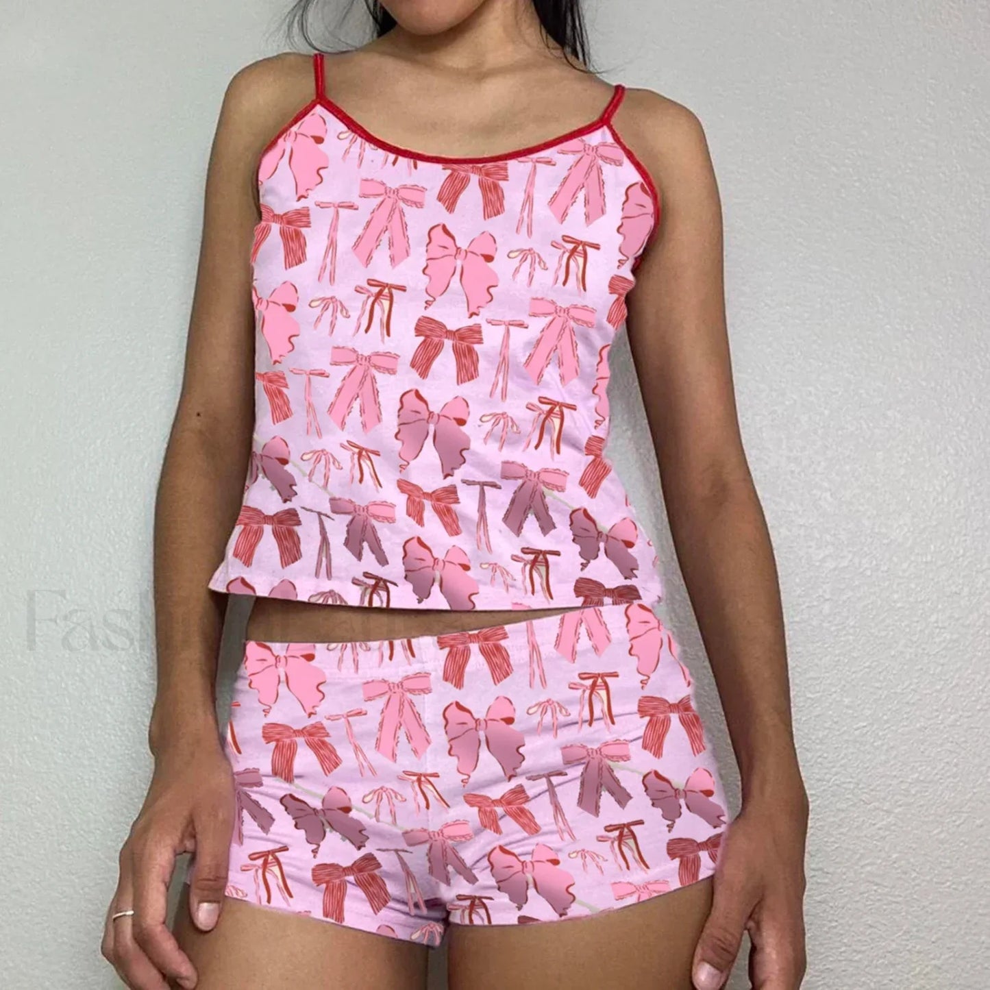 Summer Shorts Strawberry Cherry Bow Camisole Two Piece Set pink1 / S
