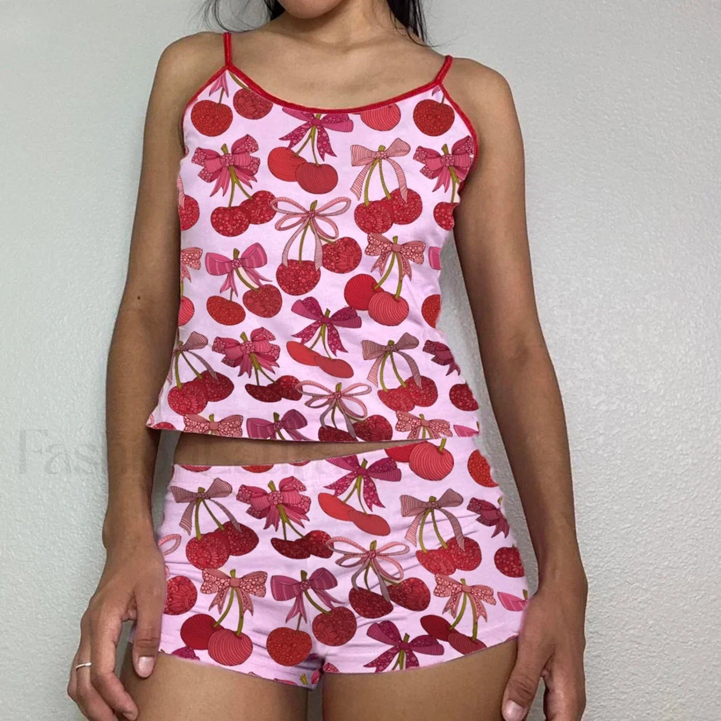 Summer Shorts Strawberry Cherry Bow Camisole Two Piece Set pink2 / S