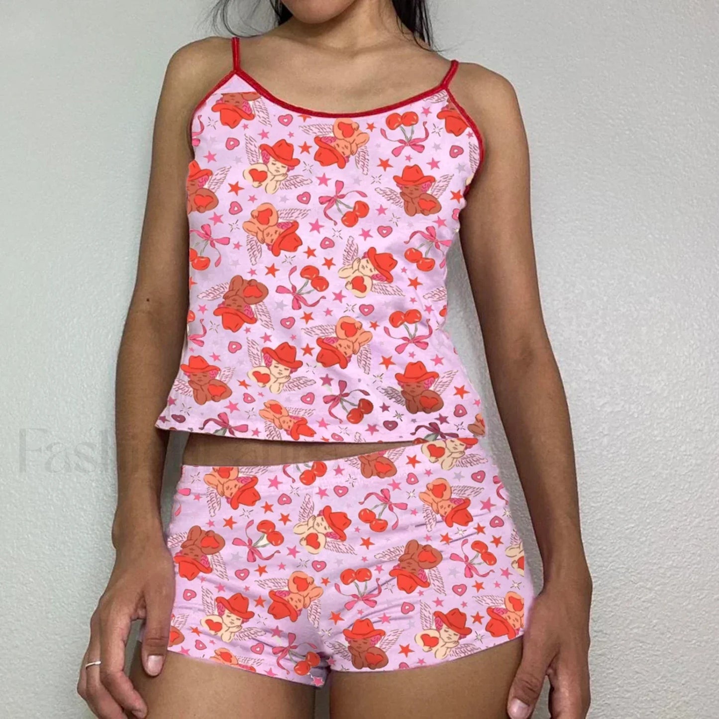 Summer Shorts Strawberry Cherry Bow Camisole Two Piece Set pink3 / S