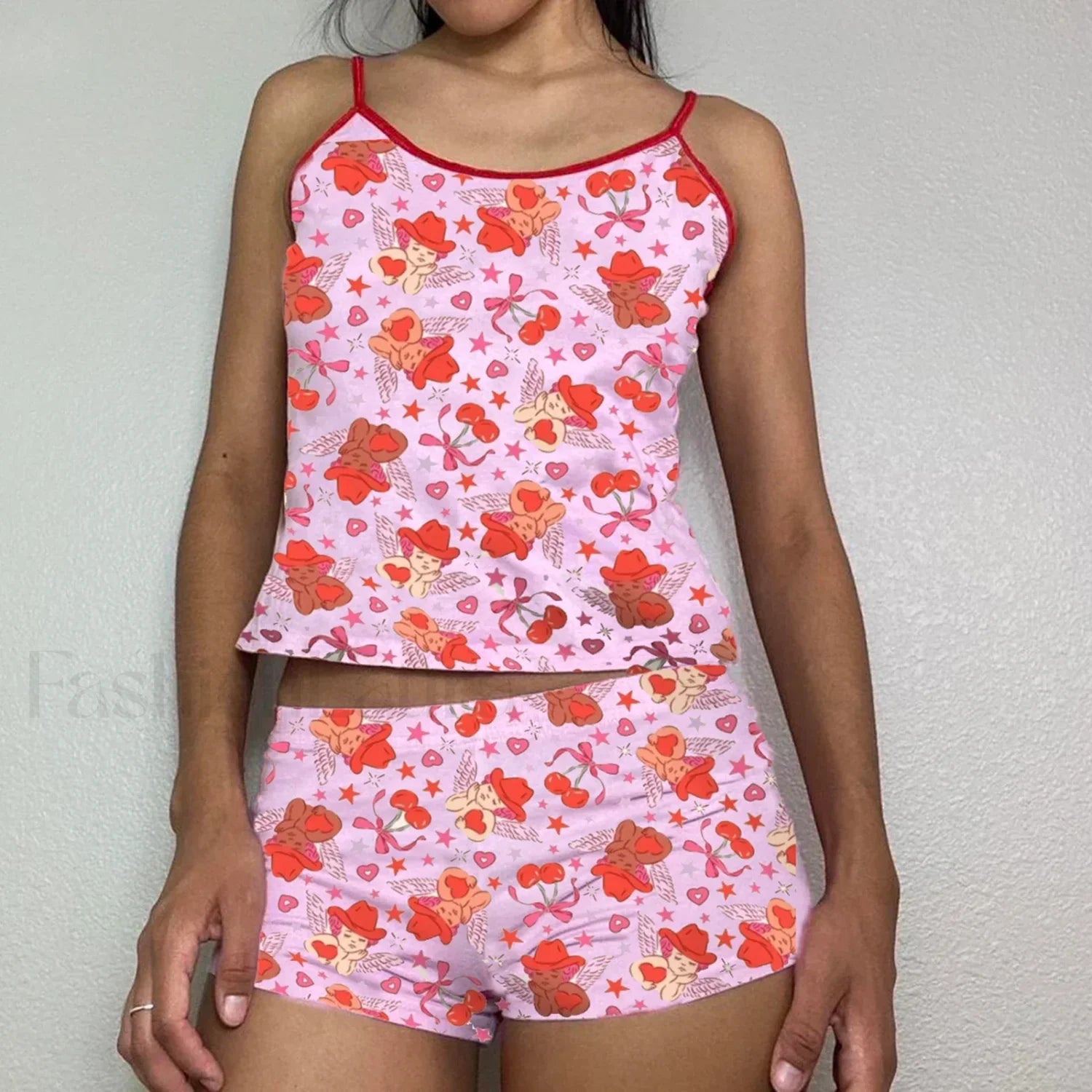 Summer Shorts Strawberry Cherry Bow Camisole Two Piece Set pink3 / S