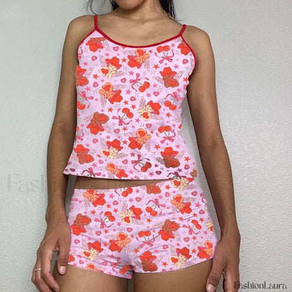 Summer Shorts Strawberry Cherry Bow Camisole Two Piece Set pink3 / S