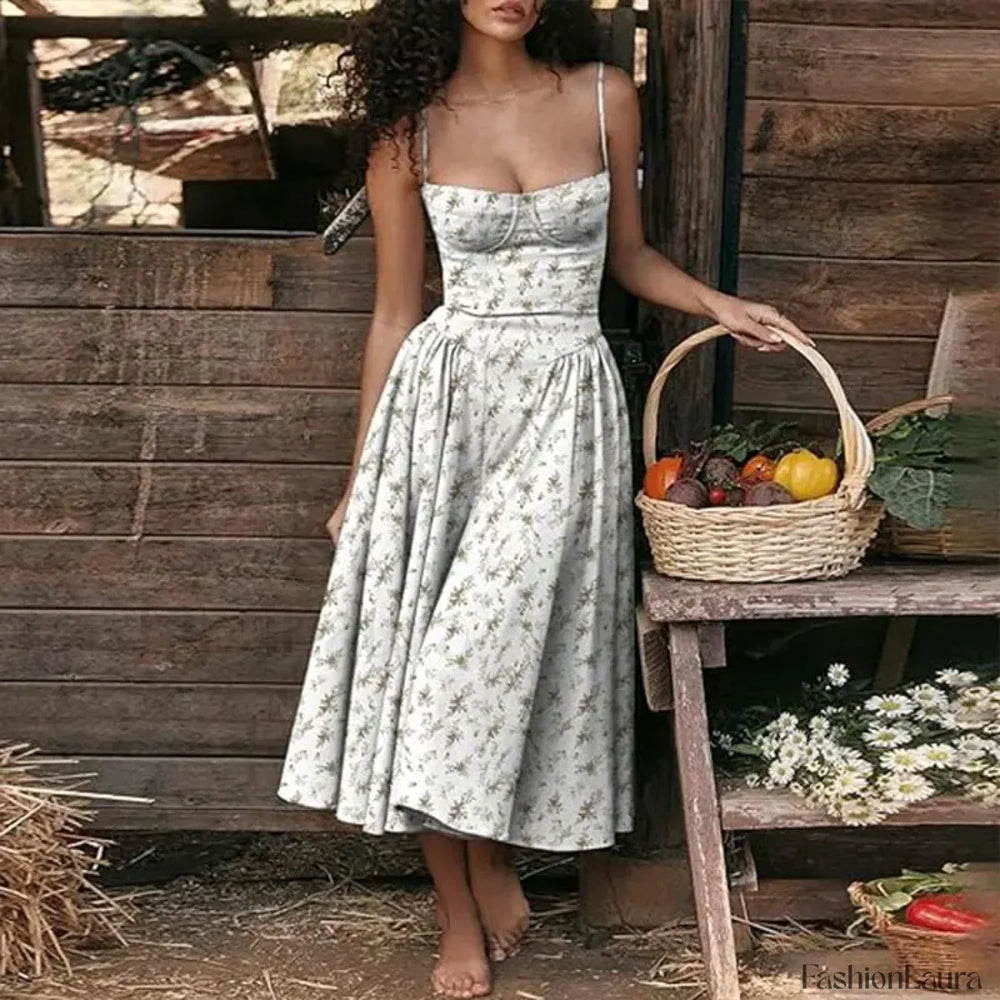 Summer Slim Spaghetti Strap Floral Dress Green floral / S