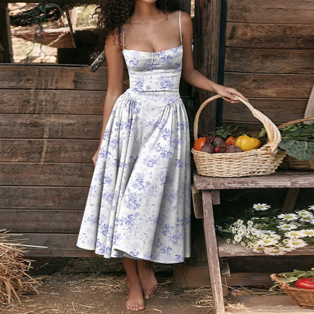 Summer Slim Spaghetti Strap Floral Dress Purple flower / S