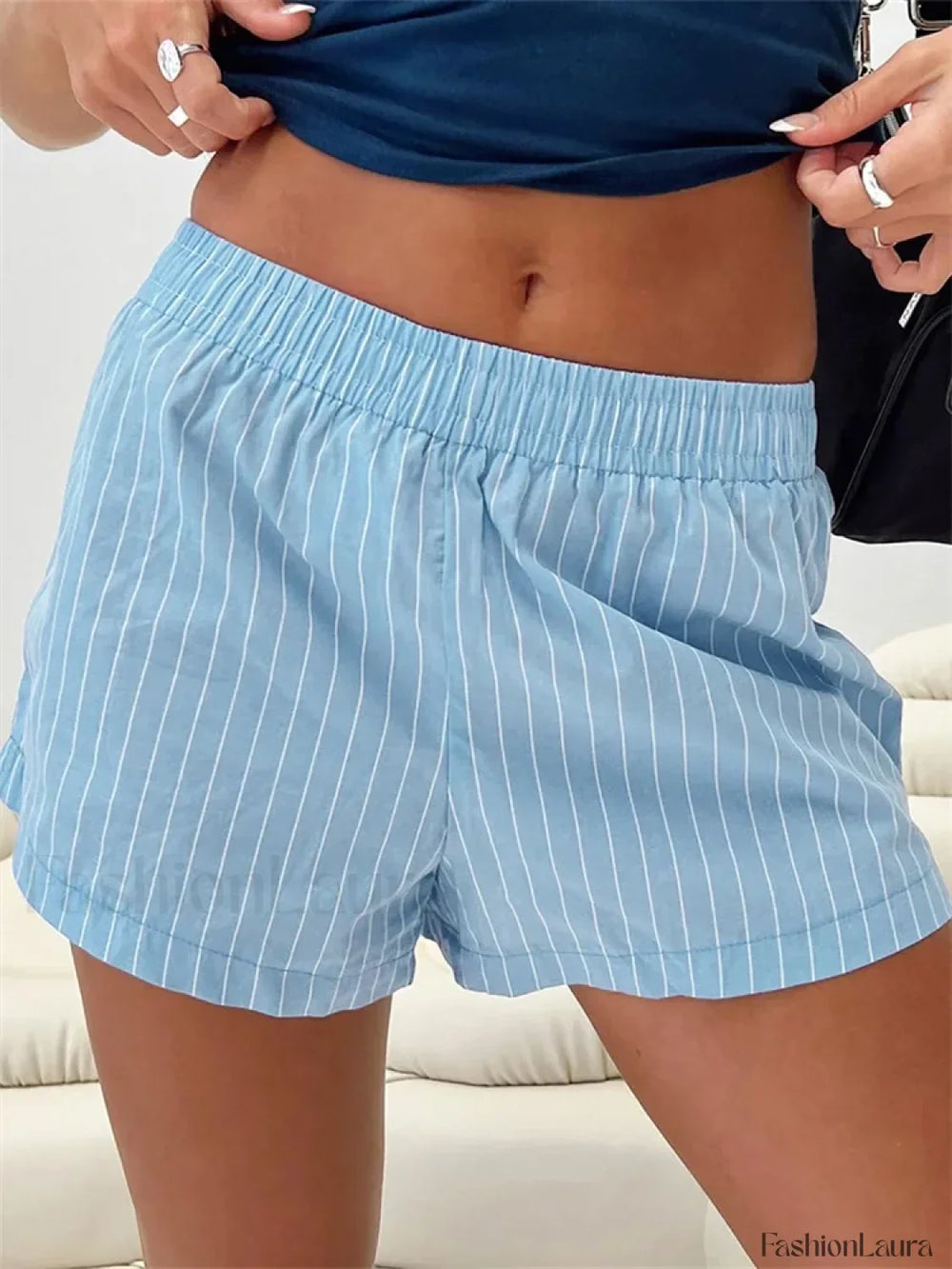 Summer Stripe Print High Waist Wide Leg Gingham Lounge Short Blue / S