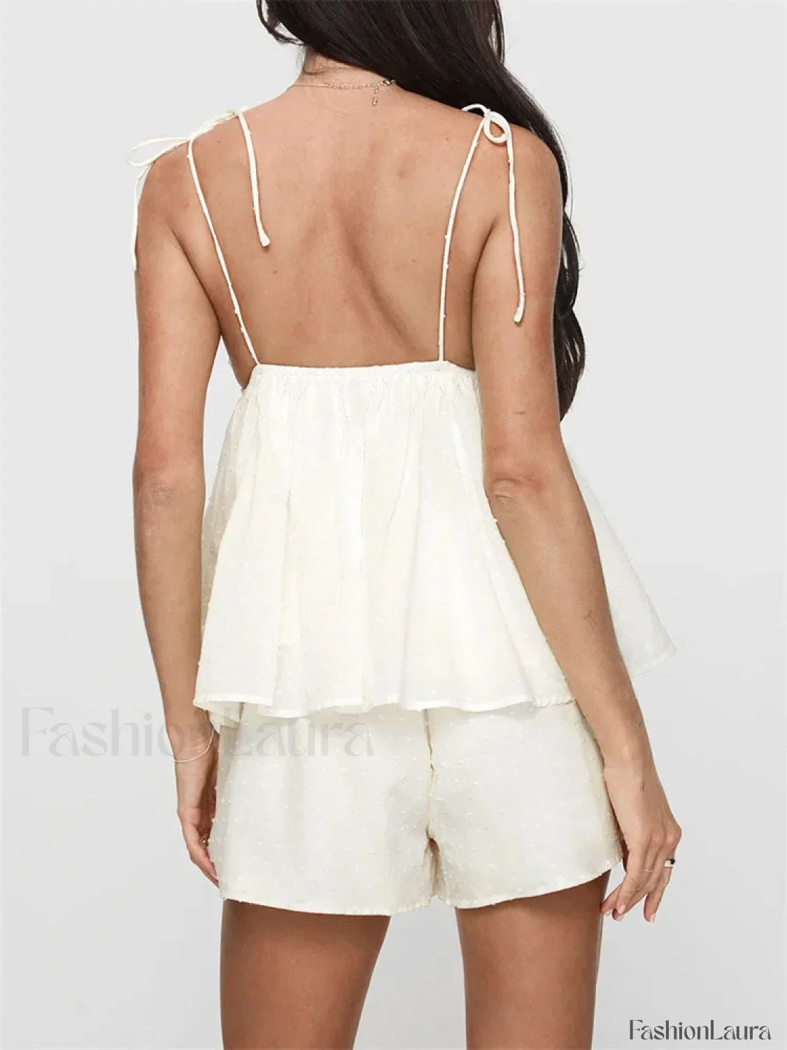 Summer V Neck Camis Ruffled Hem Tops Wide Leg Shorts Two Piece Set