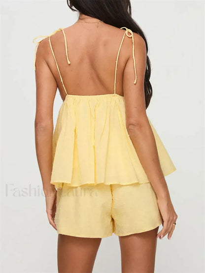 Summer V Neck Camis Ruffled Hem Tops Wide Leg Shorts Two Piece Set