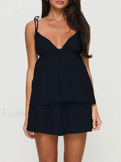 Summer V Neck Camis Ruffled Hem Tops Wide Leg Shorts Two Piece Set Black / S