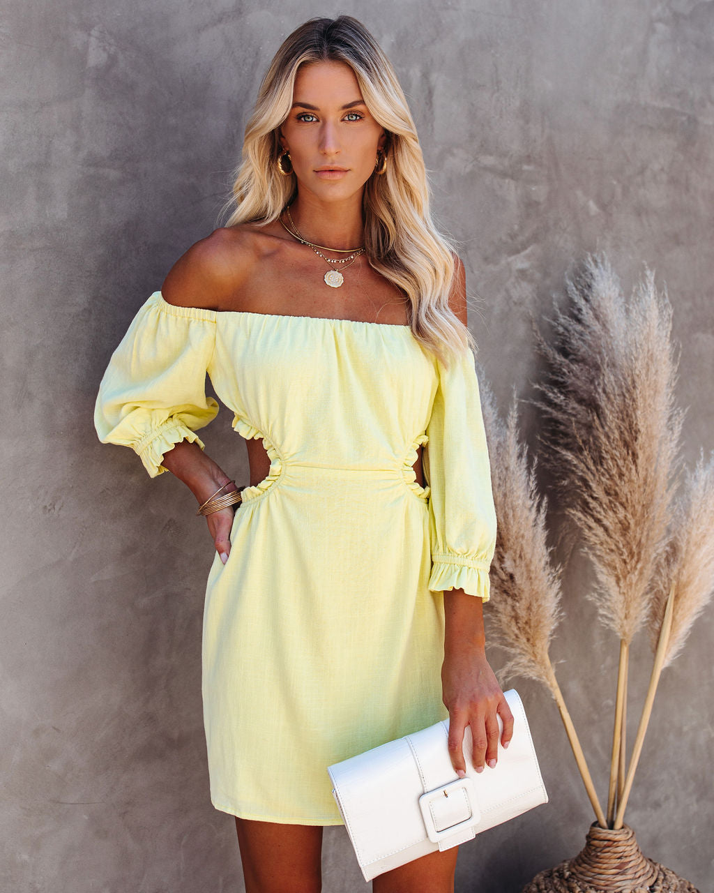 Sundance Linen Blend Off The Shoulder Cutout Dress - Yellow
