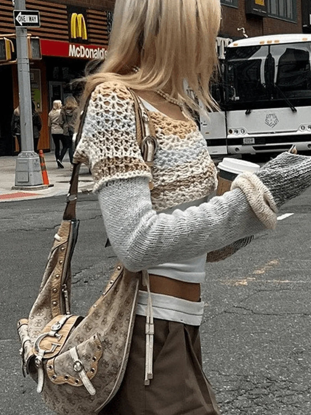 Super Crop Long Sleeve Striped Crochet Knit Top Tops&Tees