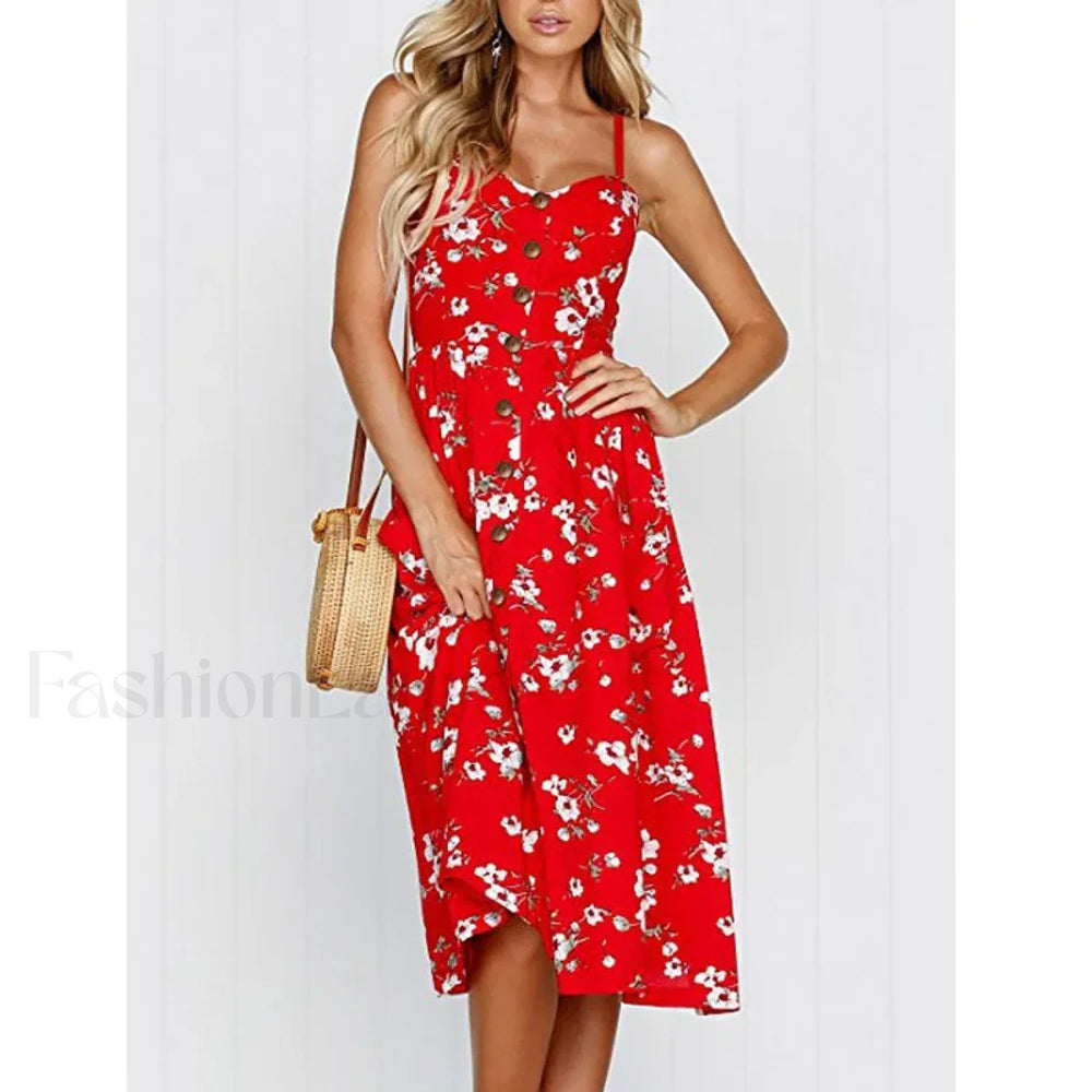 Suspenders Tiered Floral Dress Flower Red / S