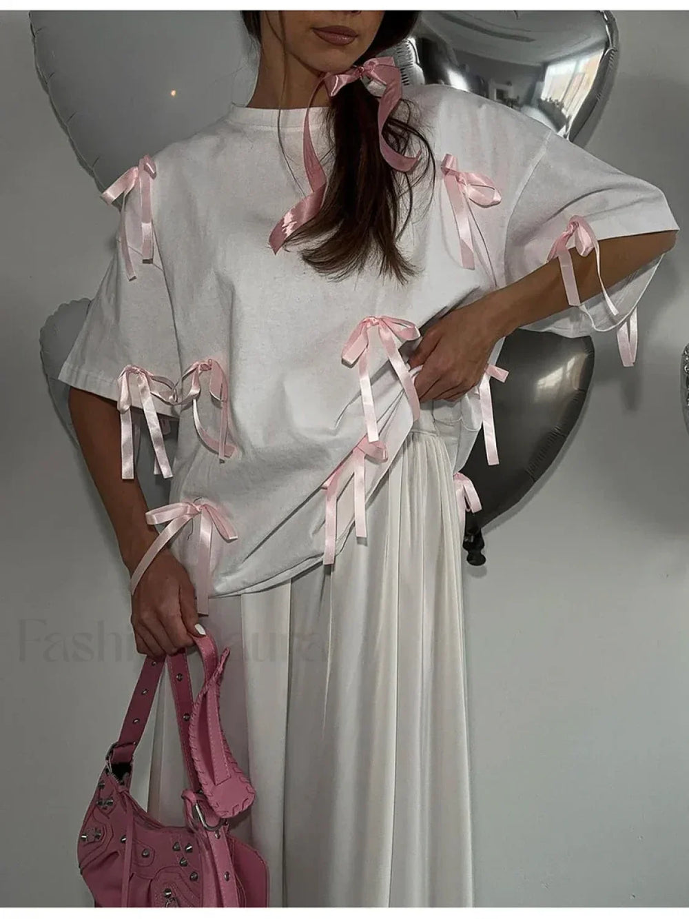 Sweet Bow Tassels Cotton T Shirt White / S