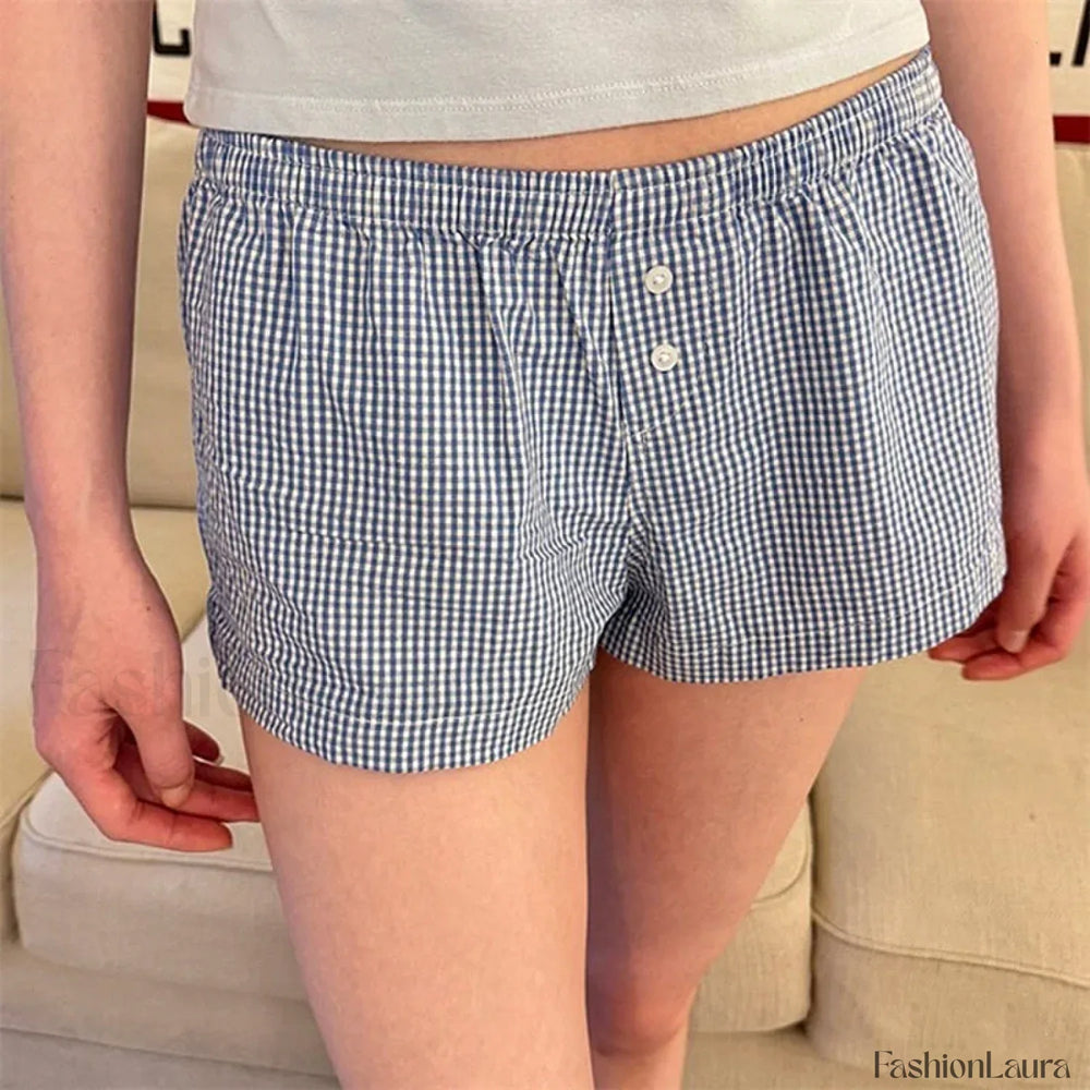 Sweet Casual Kawaii Plaid Boyshorts Lounge Aesthetic Short blue / S