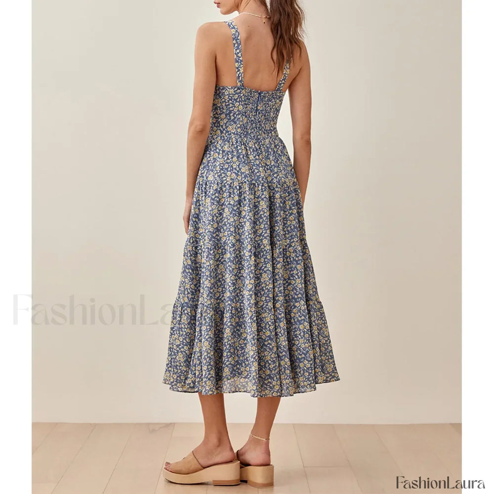 Sweetheart Neck Floral Dress Blue / S