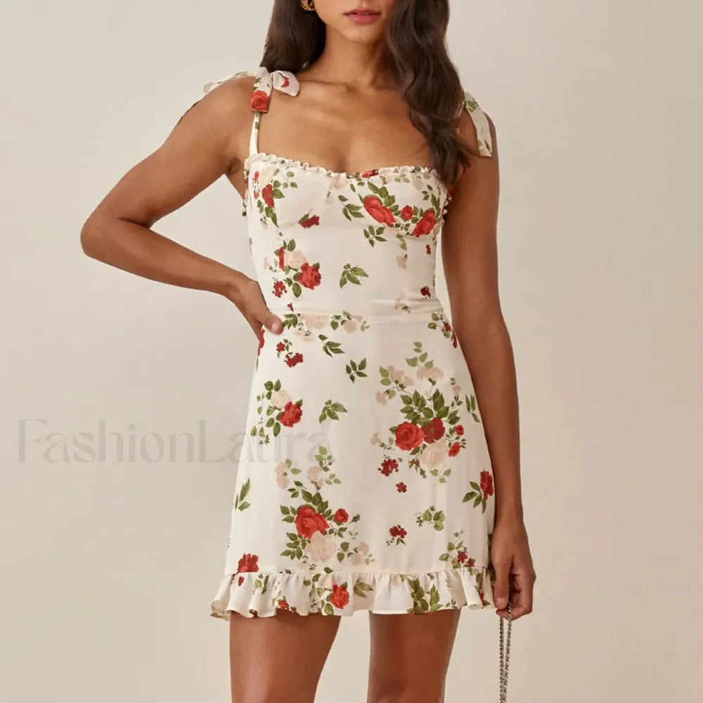 Sweetheart Ruffle Hem Floral Dress WHITE / S