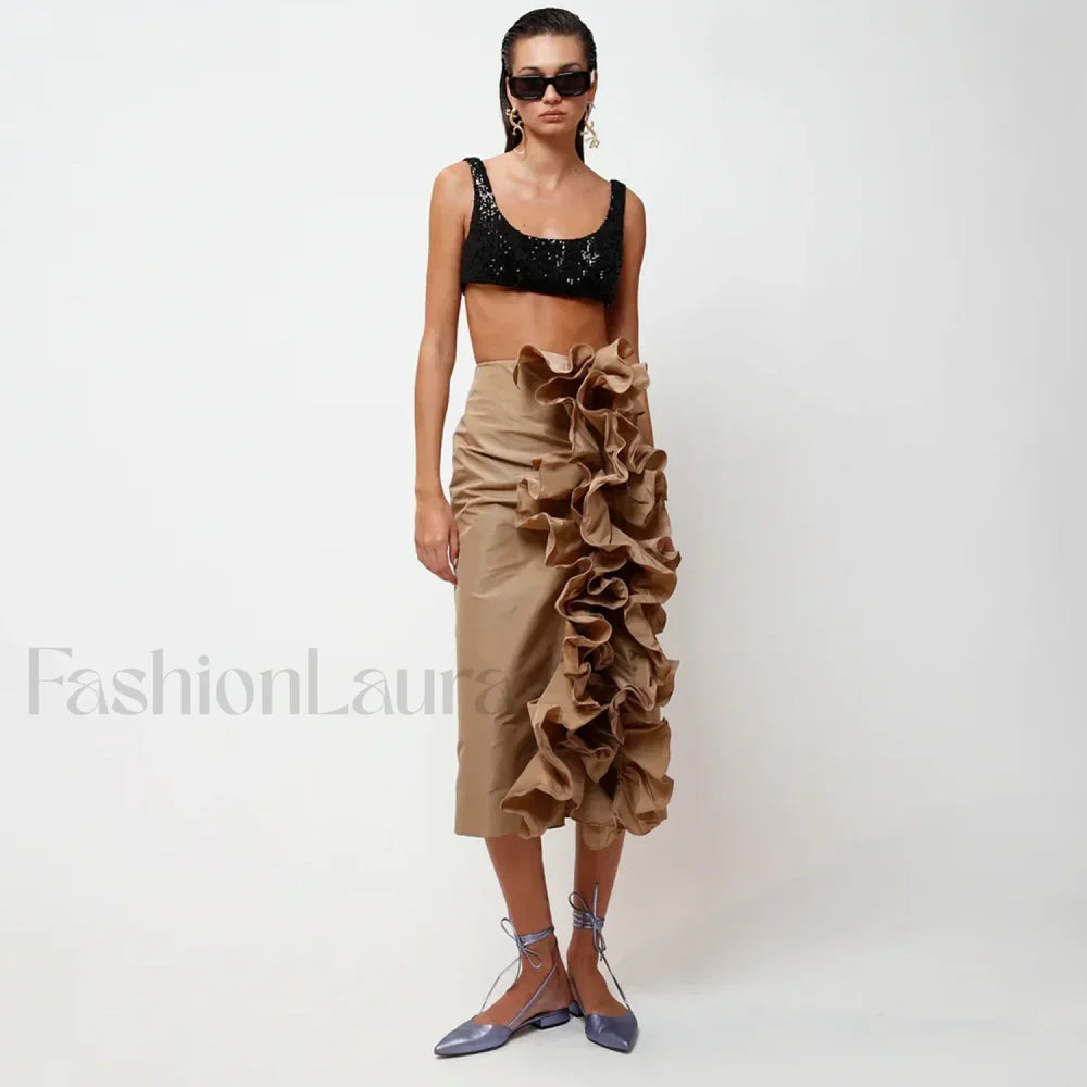 Taffeta Ruffle Midi Pencil Skirt