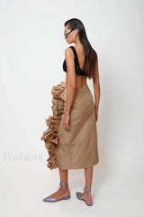 Taffeta Ruffle Midi Pencil Skirt Brown / S