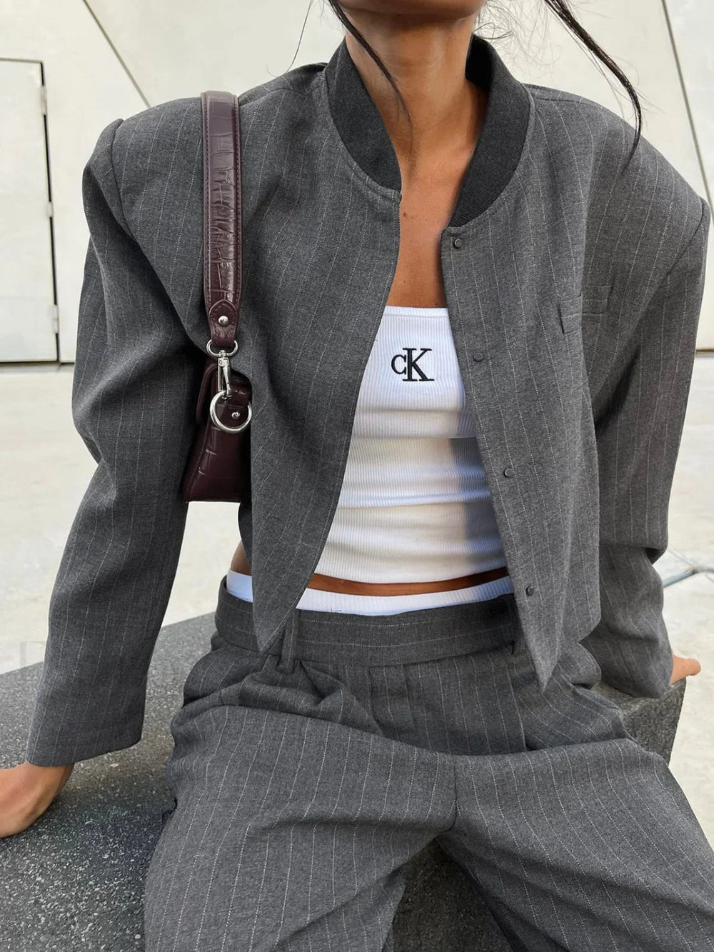 Tailored Pinstripe Graceful Patchwork Collar Jacket Jackets