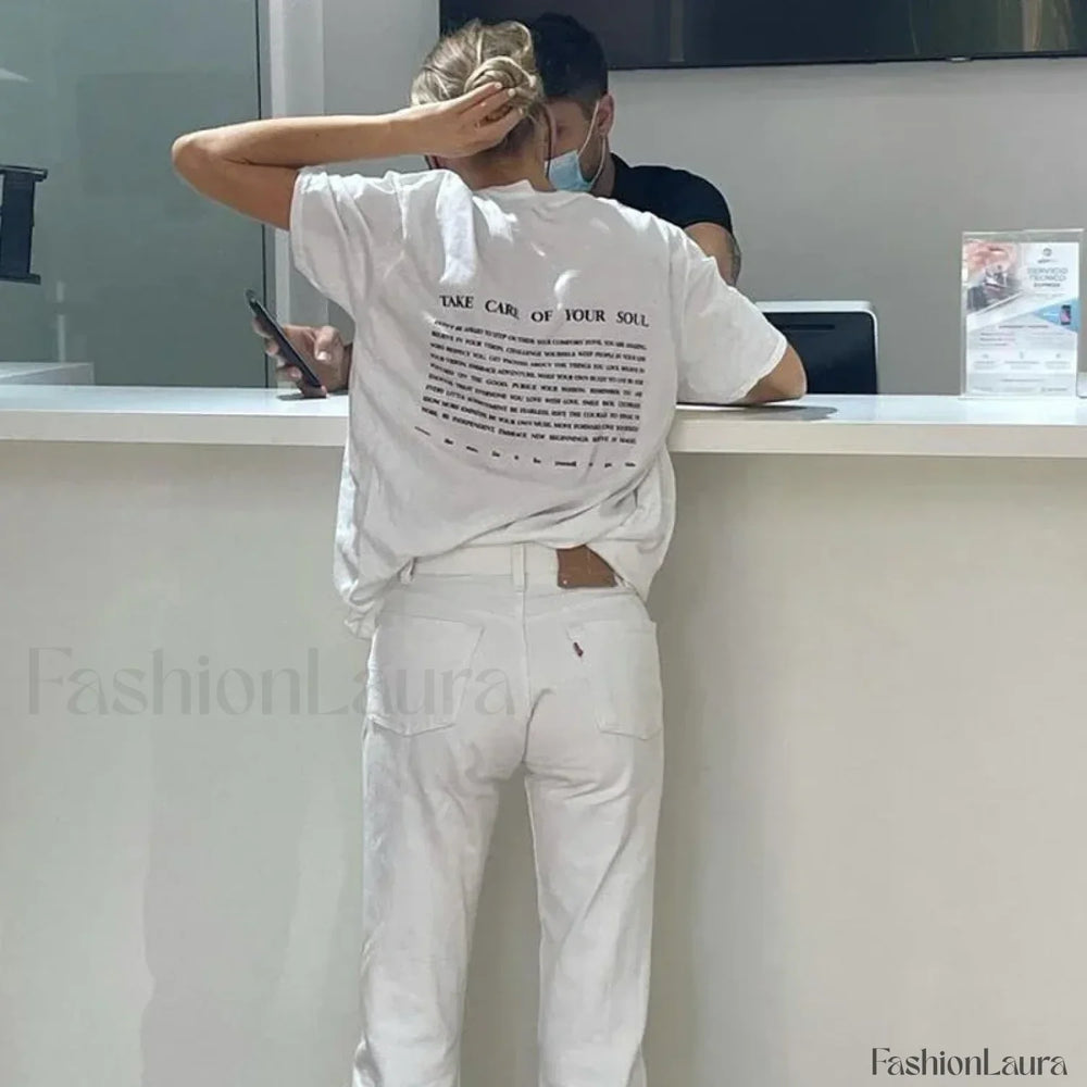 Take Care Of Your Soul Inspirational Back Print T Shirt WHITE / S