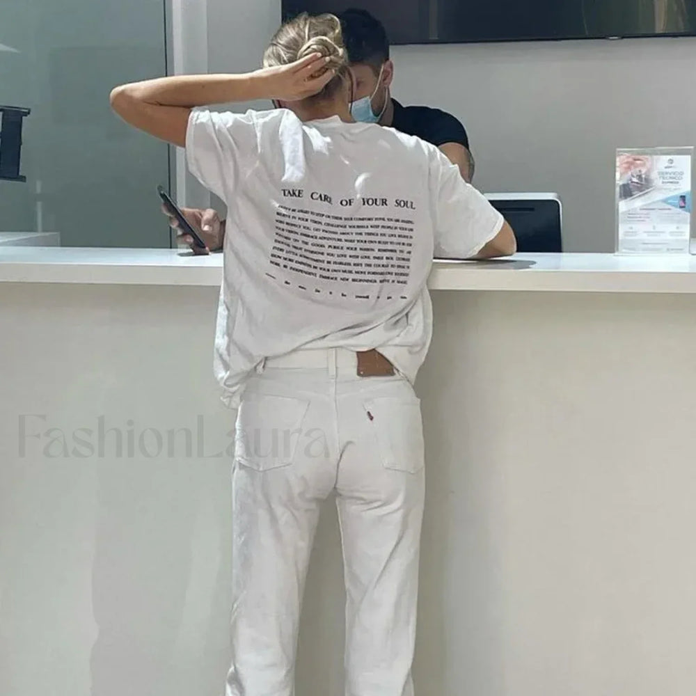 Take Care Of Your Soul Inspirational Back Print T Shirt WHITE / S