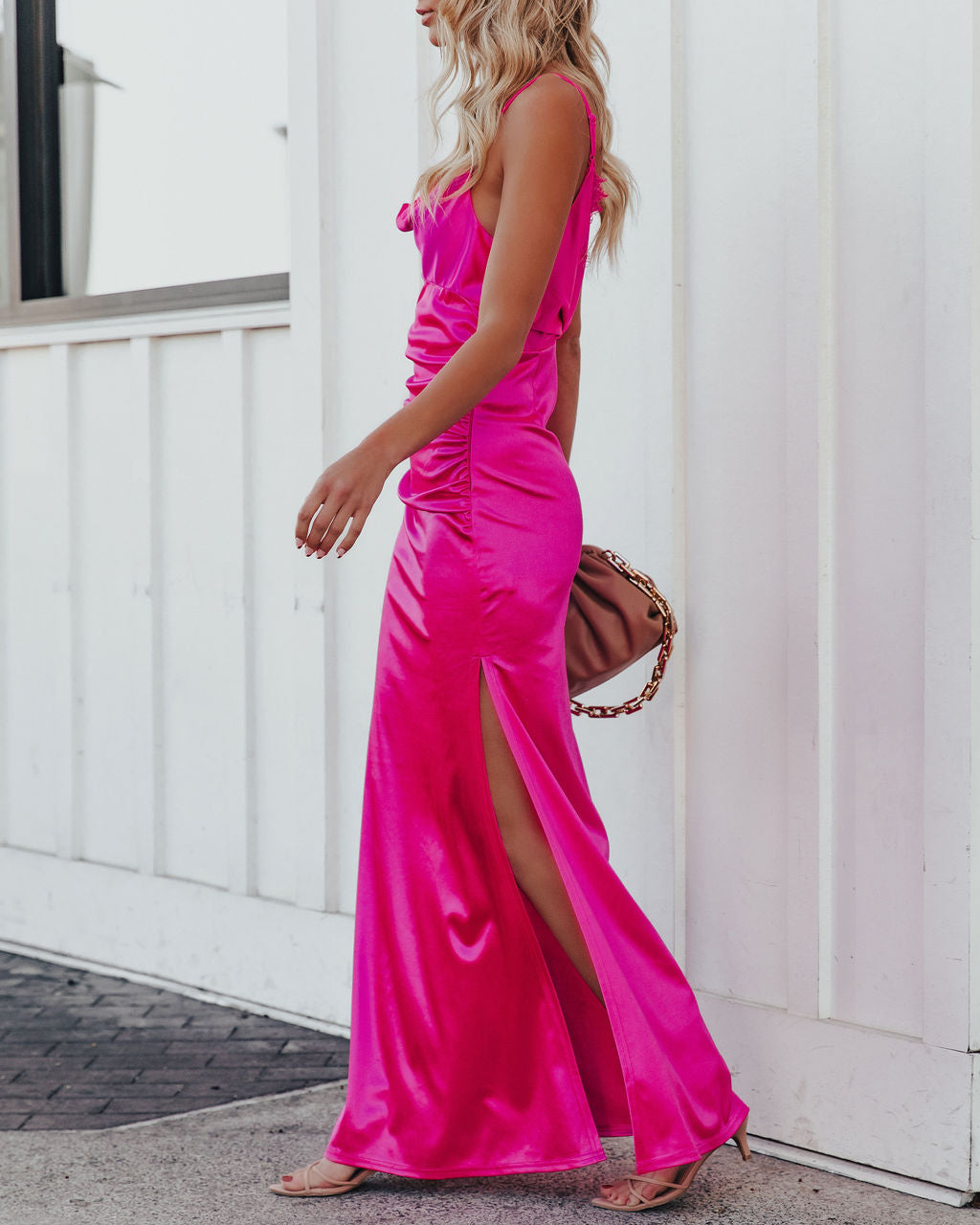 Take Care Satin Cowl Neck Maxi Dress - Fuchsia - FINAL SALE