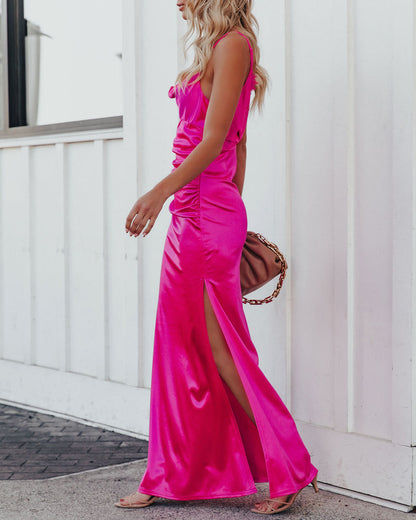 Take Care Satin Cowl Neck Maxi Dress - Fuchsia - FINAL SALE