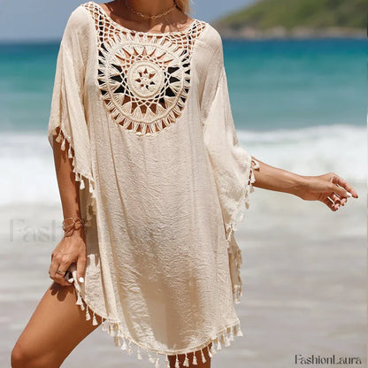 Tassel Crochet Holiday Short Cover Up APRICOT / One Size