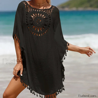 Tassel Crochet Holiday Short Cover Up Black / One Size