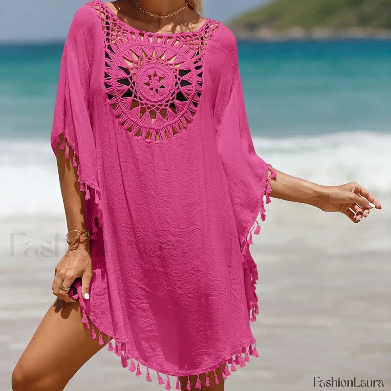 Tassel Crochet Holiday Short Cover Up Rose Red / One Size