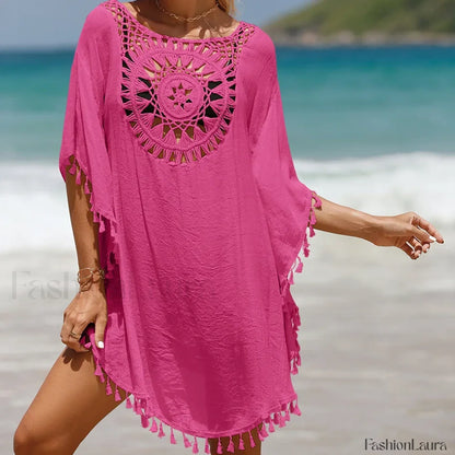 Tassel Crochet Holiday Short Cover Up Rose Red / One Size