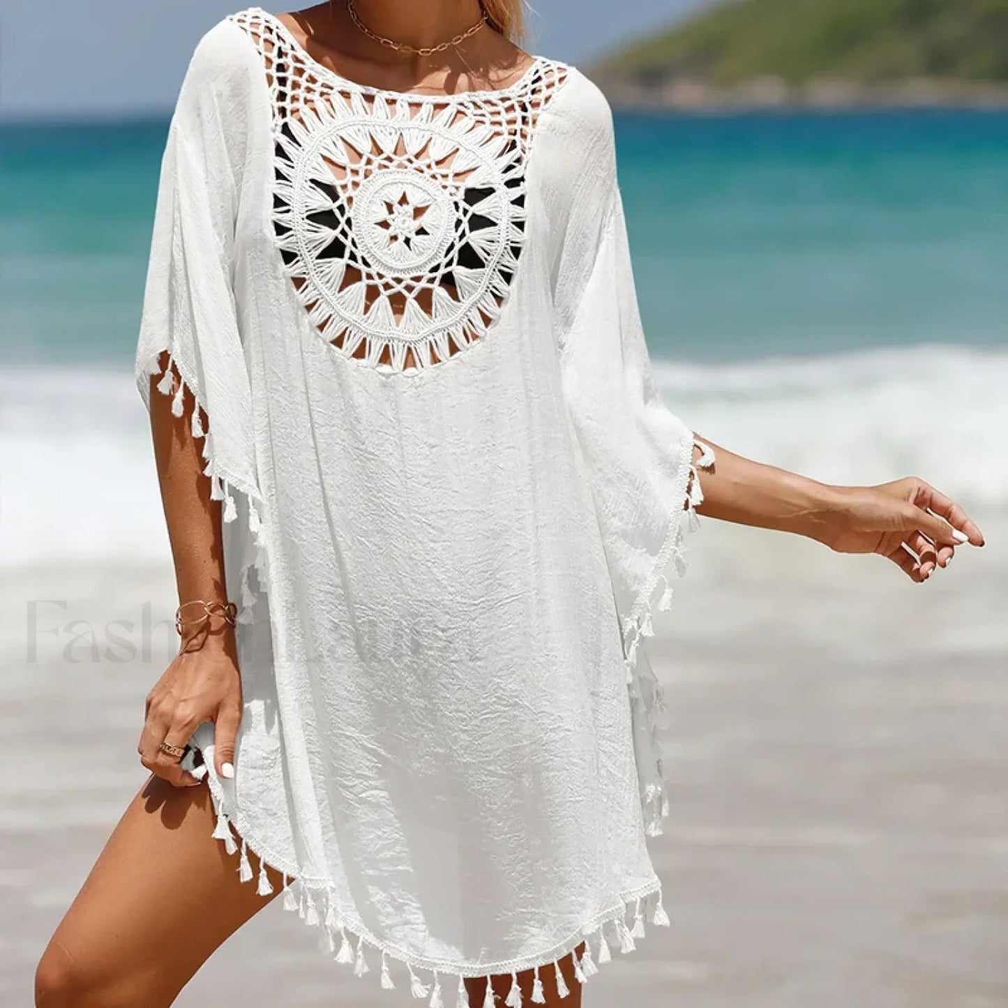 Tassel Crochet Holiday Short Cover Up WHITE / One Size