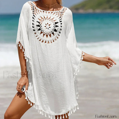 Tassel Crochet Holiday Short Cover Up WHITE / One Size