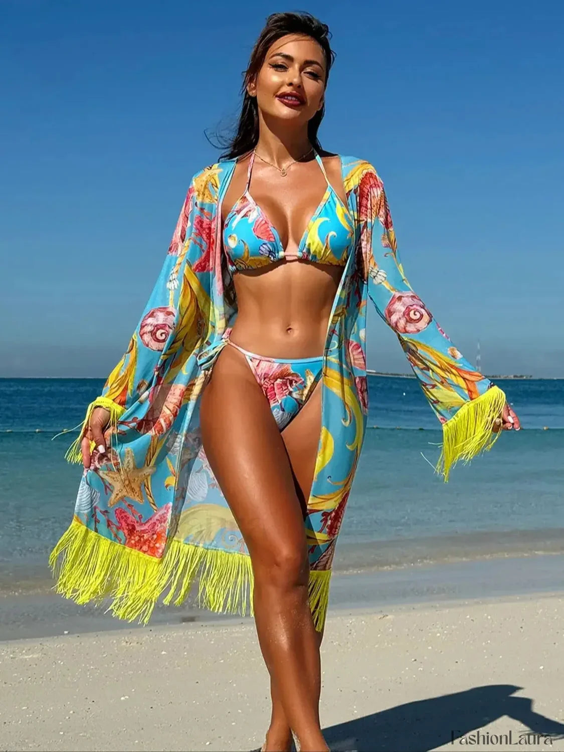 Tassel Drape Printed Bikini Three Piece Set Sky blue / S