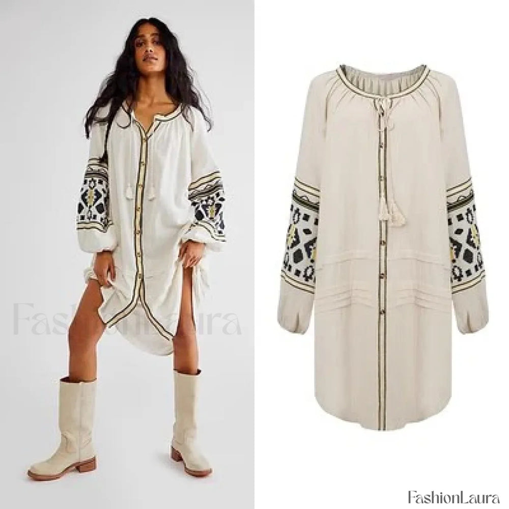 Tassel Lantern Sleeve Boho Dress Beige / S