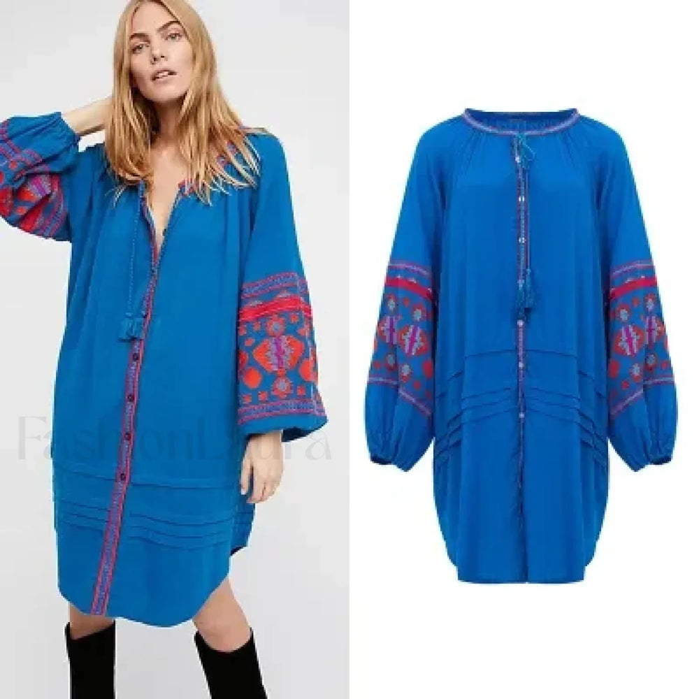 Tassel Lantern Sleeve Boho Dress Blue / S