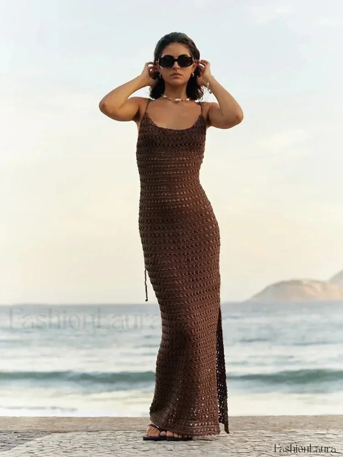 Tassel Spaghetti Strap Maxi Cover Up BROWN / S