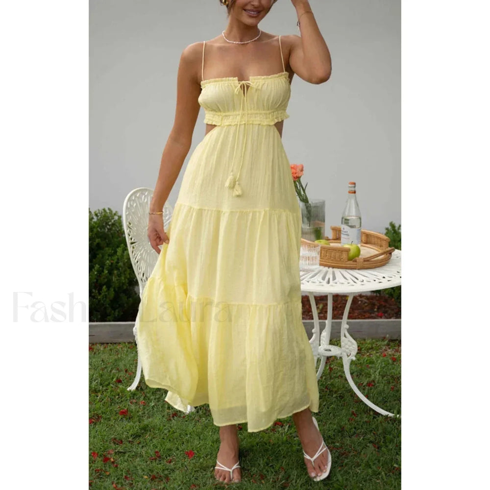 Tassel Tie Up Cutout Midi Dress Yellow / S