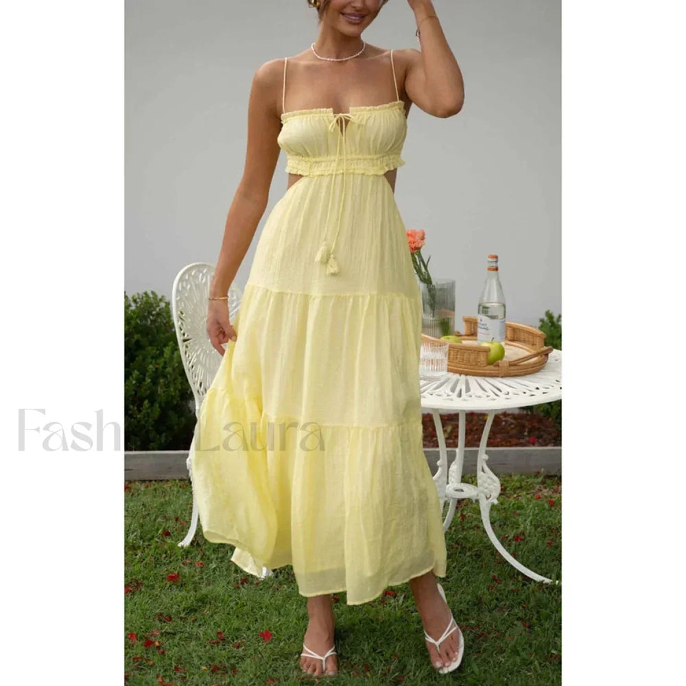 Tassel Tie Up Cutout Midi Dress Yellow / S