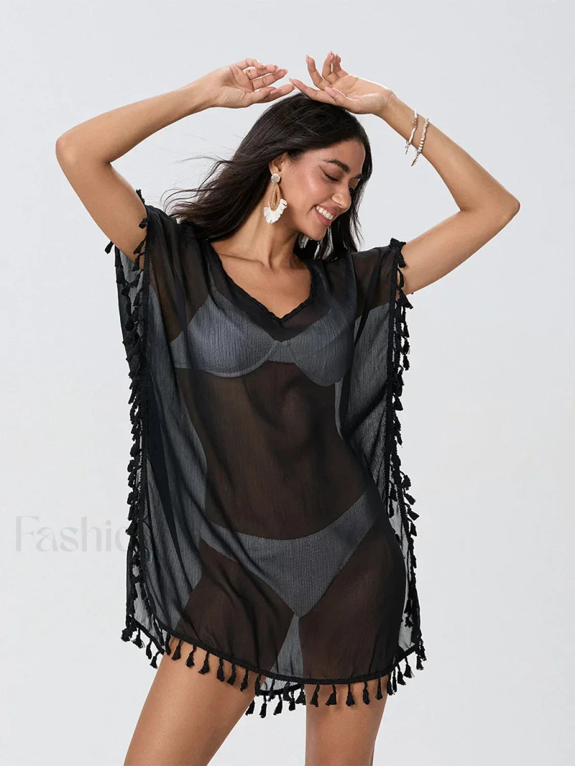 Tassel Trim See Through Cover Up BLACK / One Size