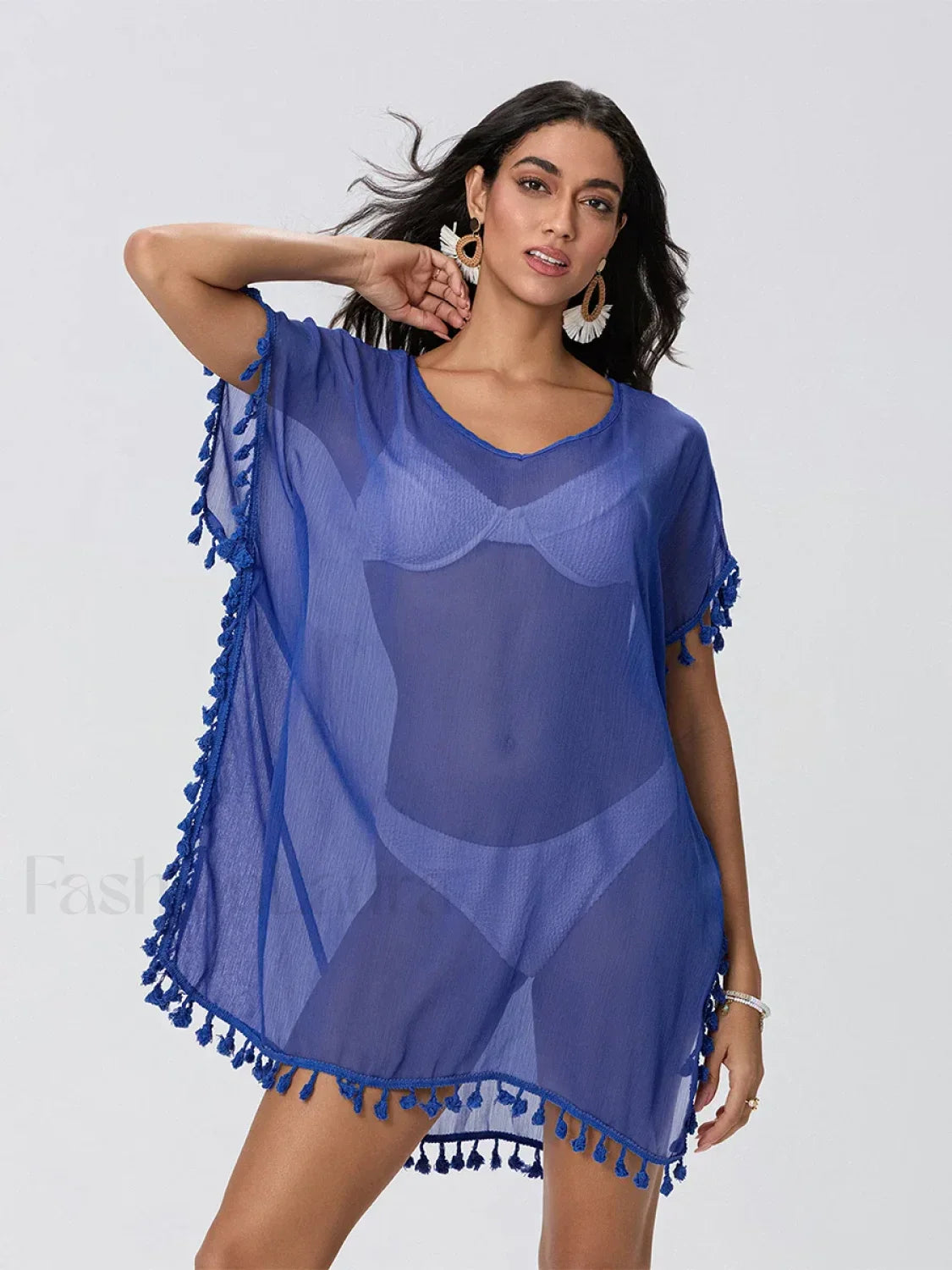 Tassel Trim See Through Cover Up BLUE / One Size