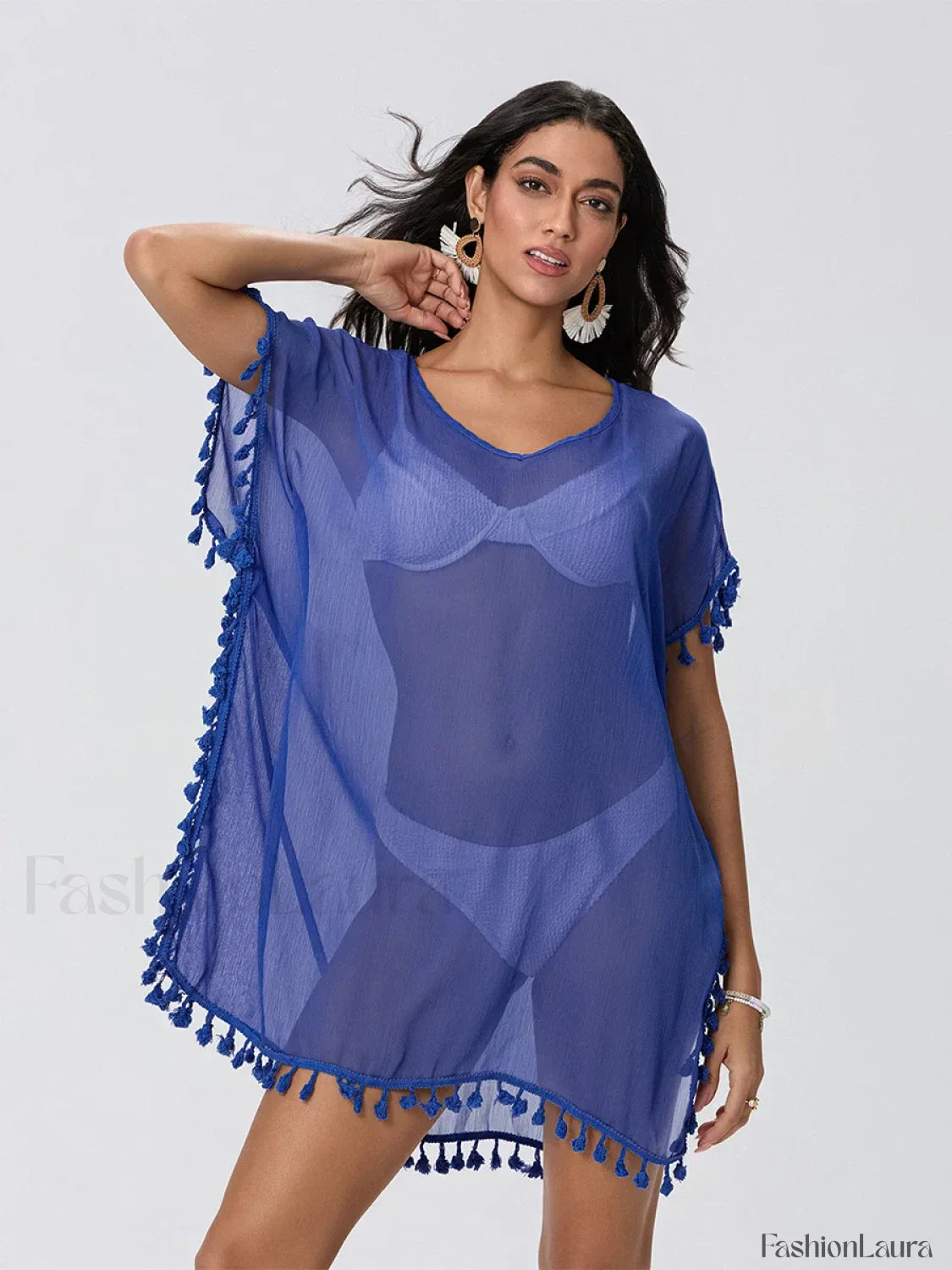 Tassel Trim See Through Cover Up BLUE / One Size