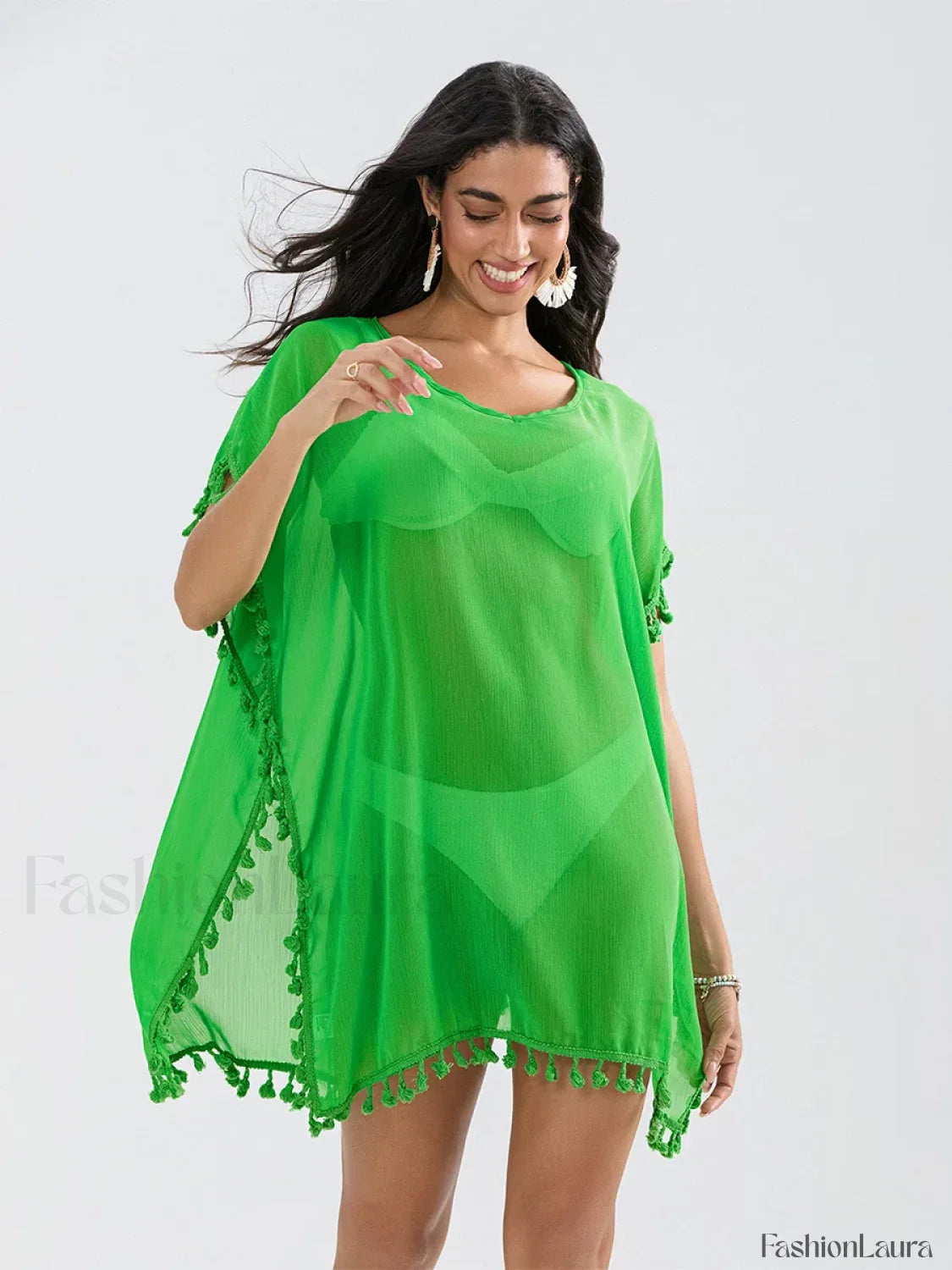 Tassel Trim See Through Cover Up GREEN / One Size