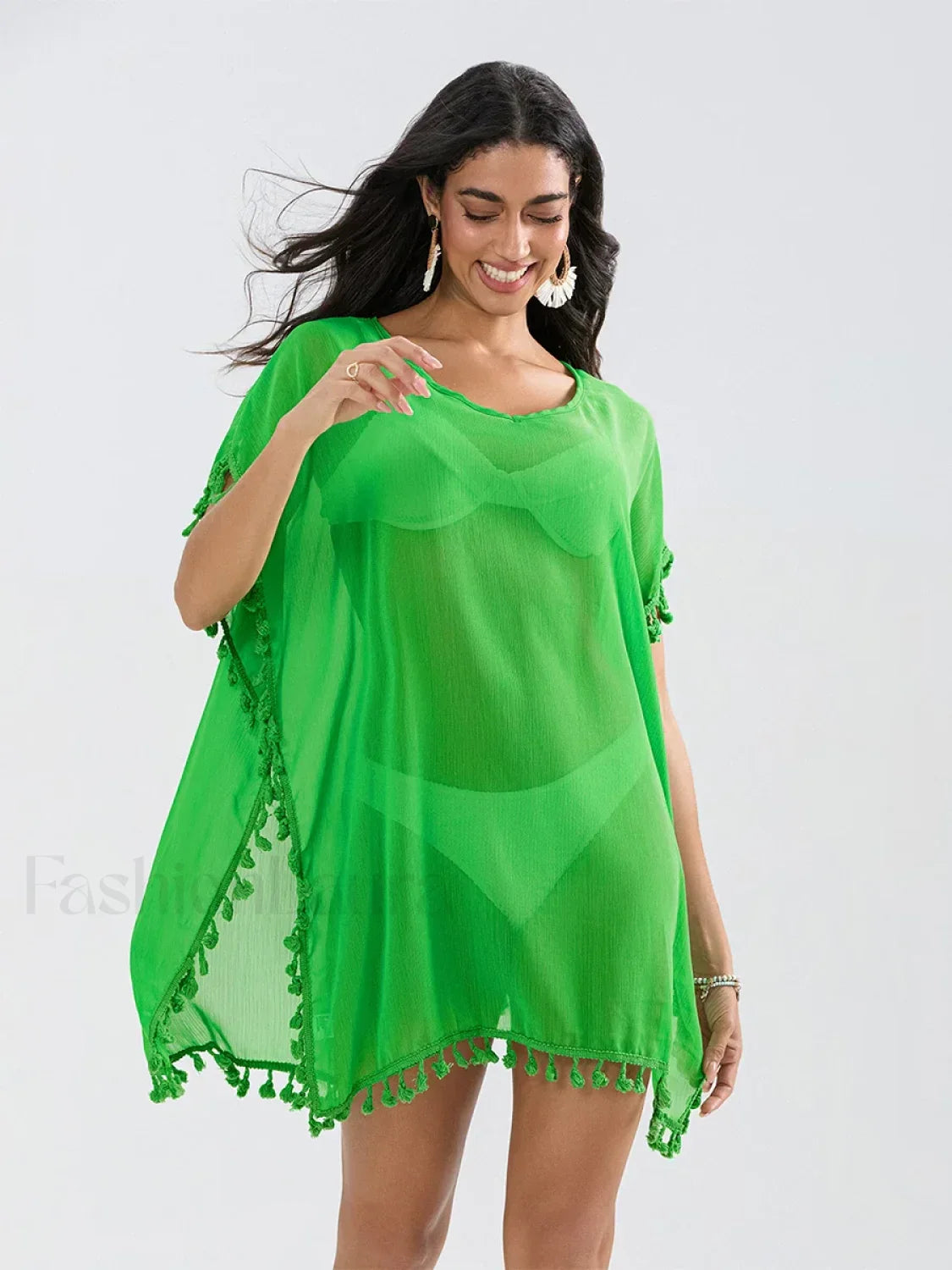 Tassel Trim See Through Cover Up GREEN / One Size