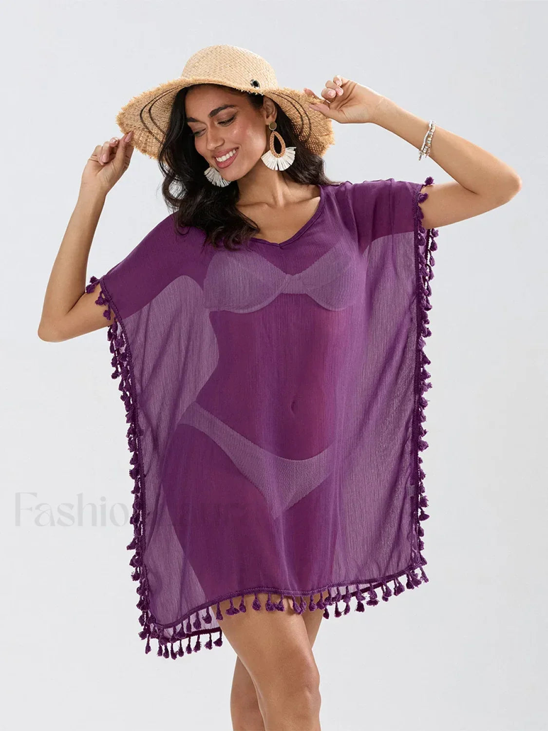 Tassel Trim See Through Cover Up PURPLE / One Size