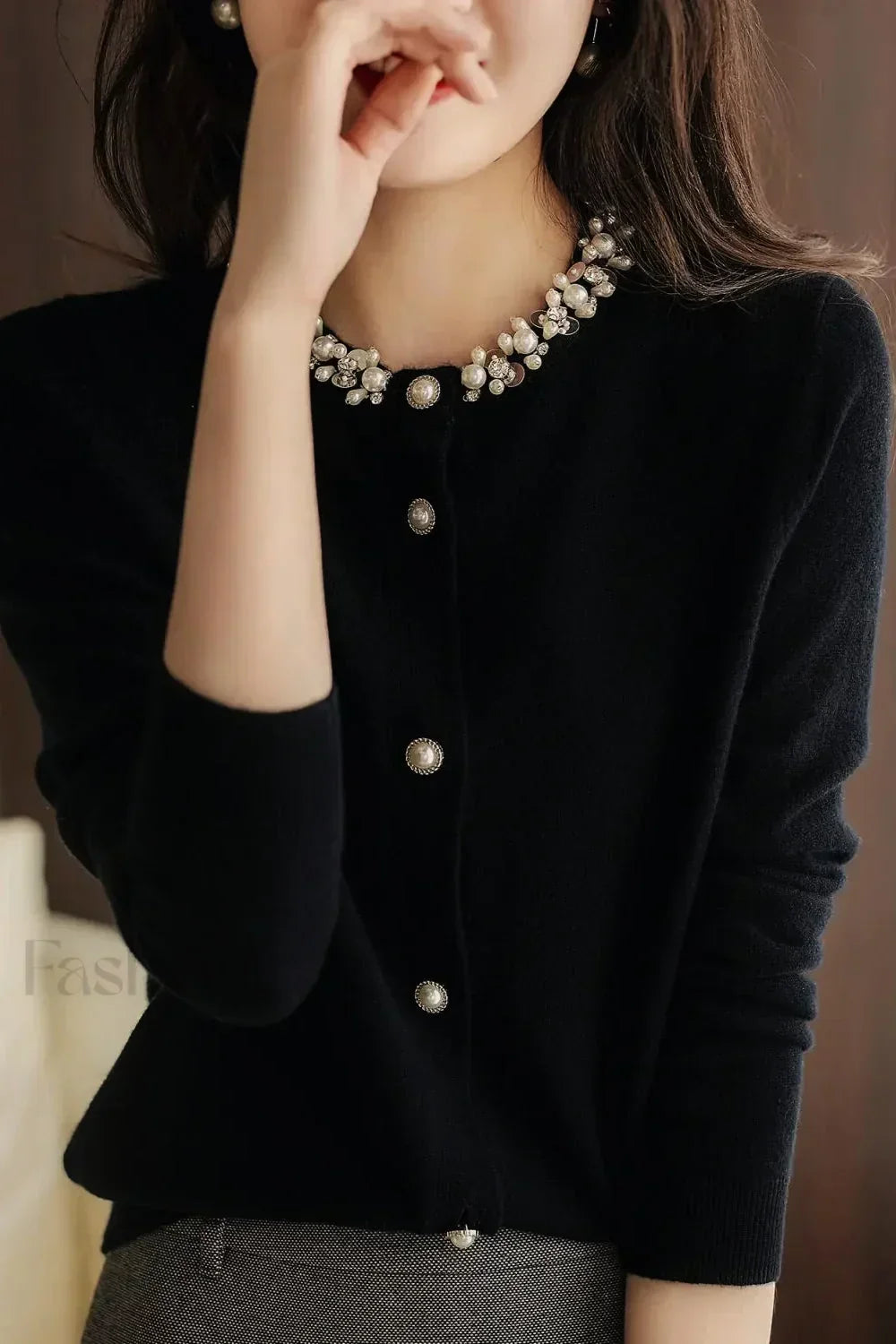 Temperament Style Beaded Splice Knit Cardigan