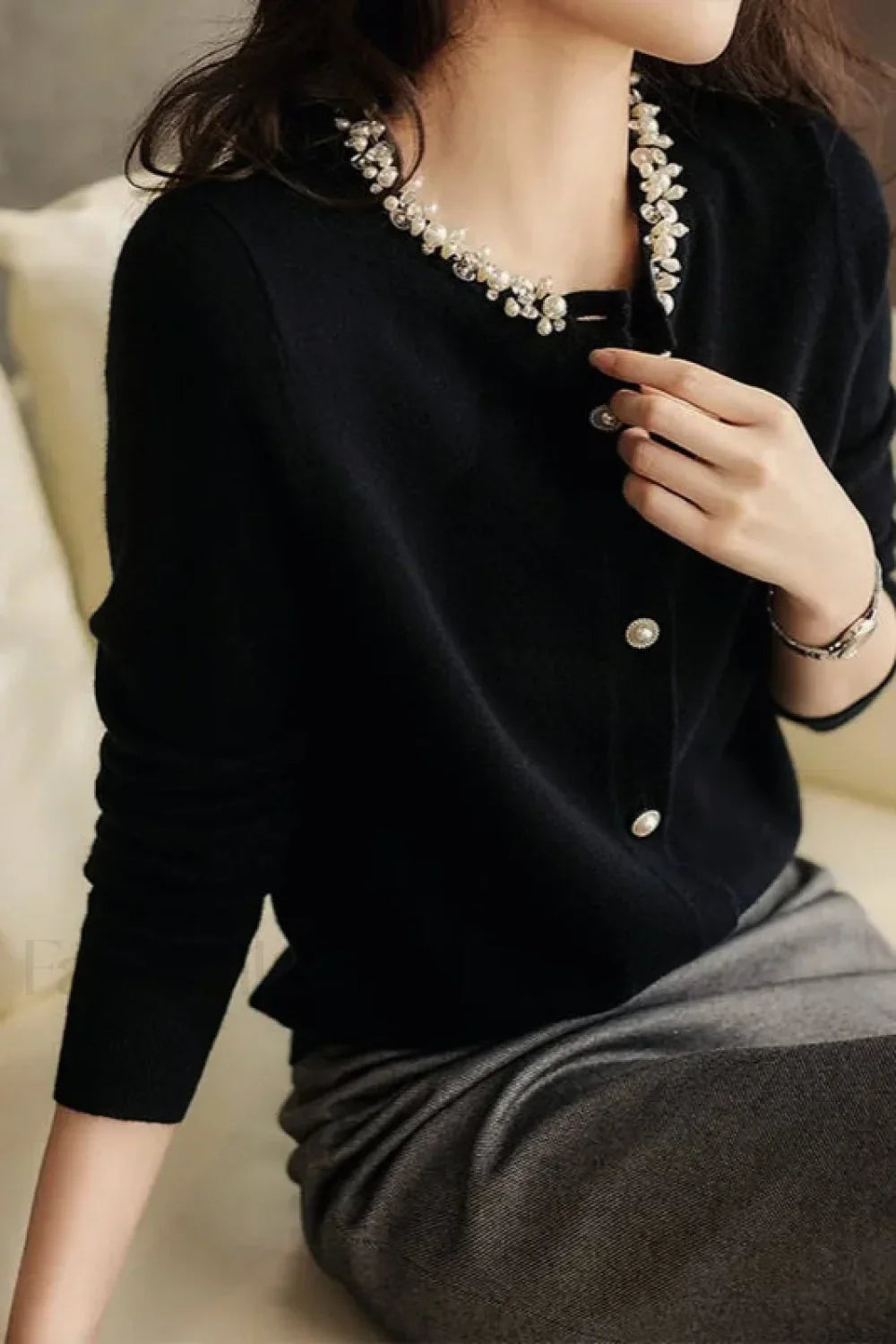 Temperament Style Beaded Splice Knit Cardigan